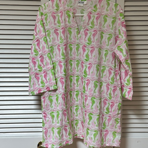 Lexi York Cotton Tunic Swim Cover Up White Pink Green Seahorse Print Large - Picture 4 of 8